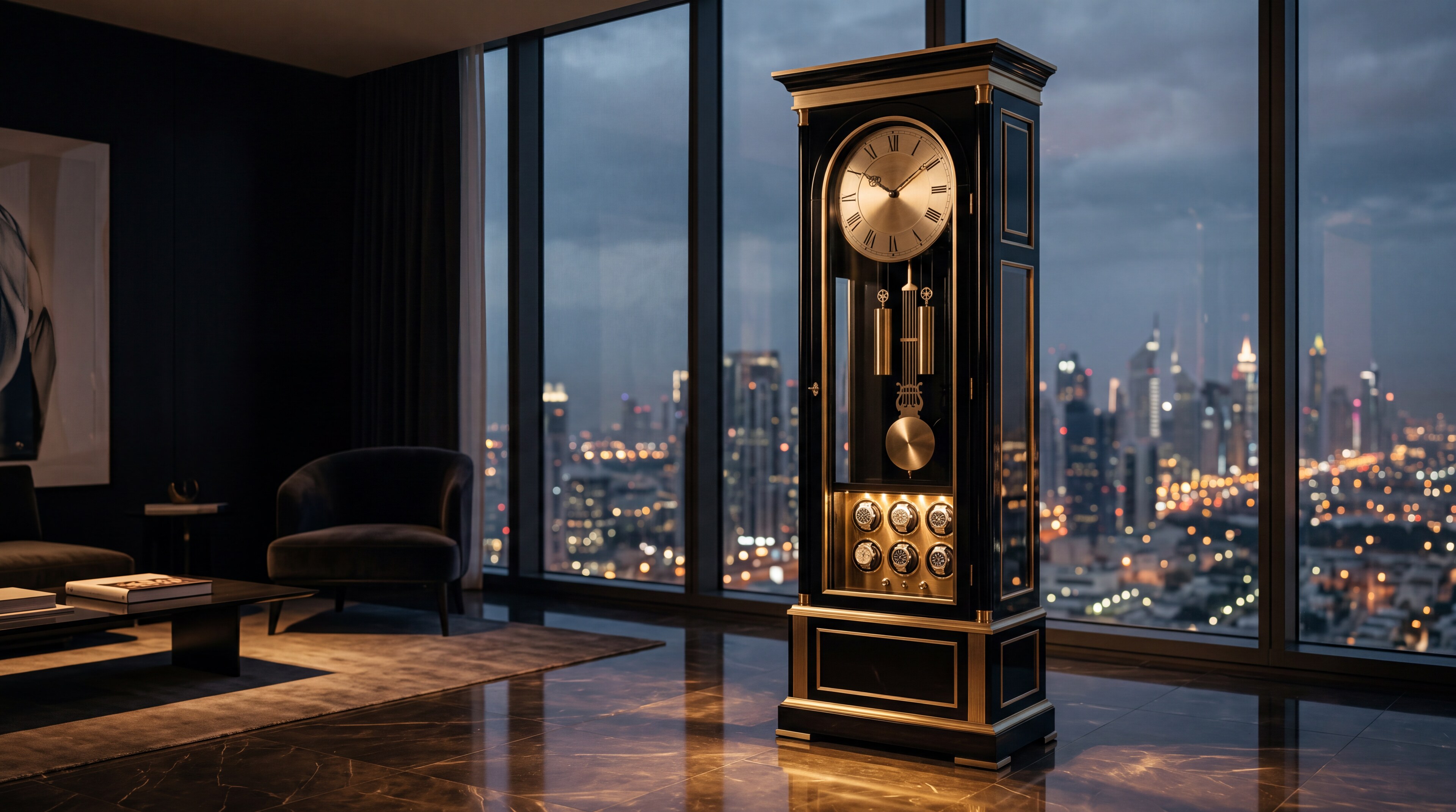 A ZEITCRAFT timepiece as the centerpiece of a luxury penthouse