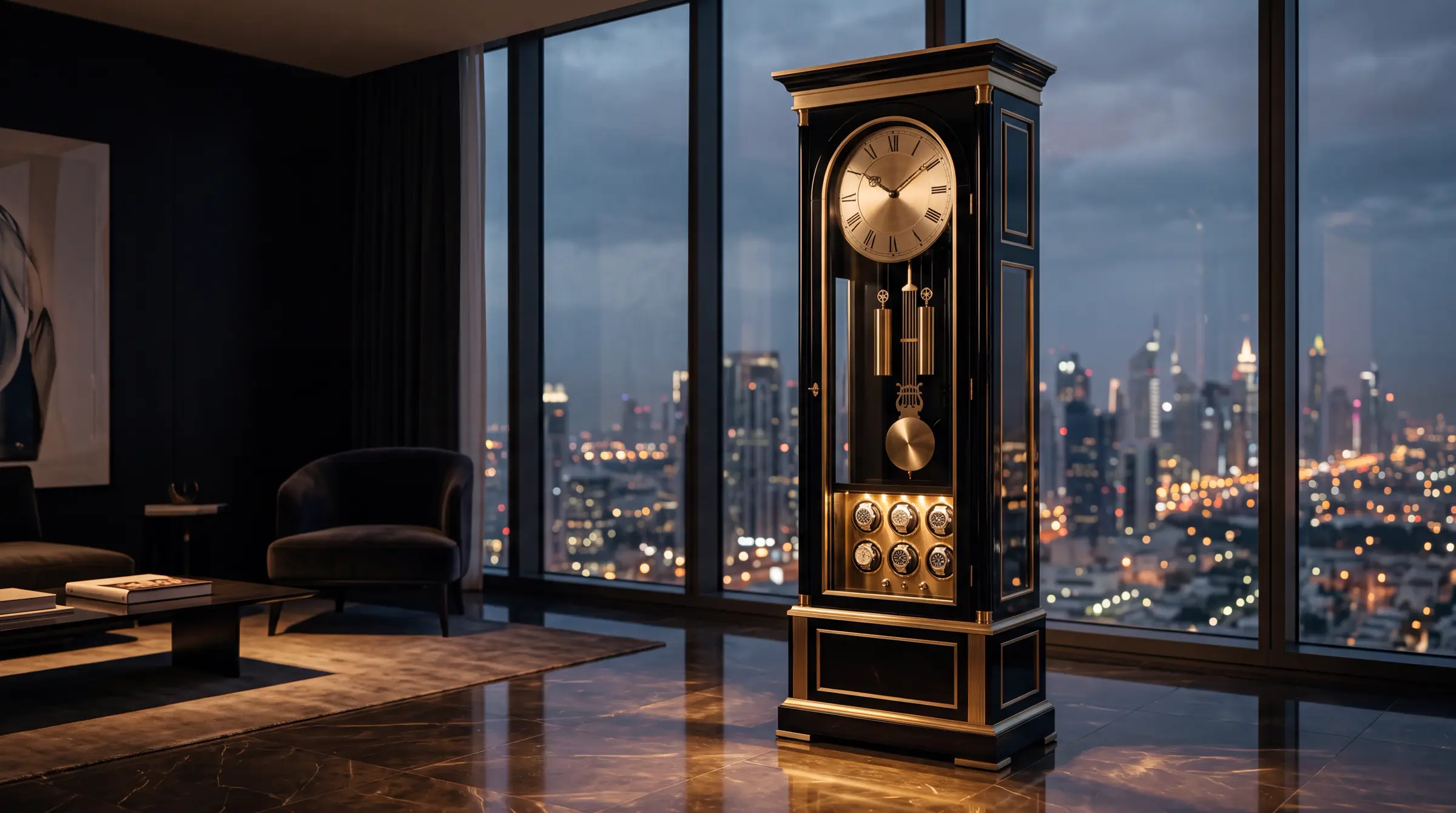 A ZEITCRAFT timepiece in a penthouse at night